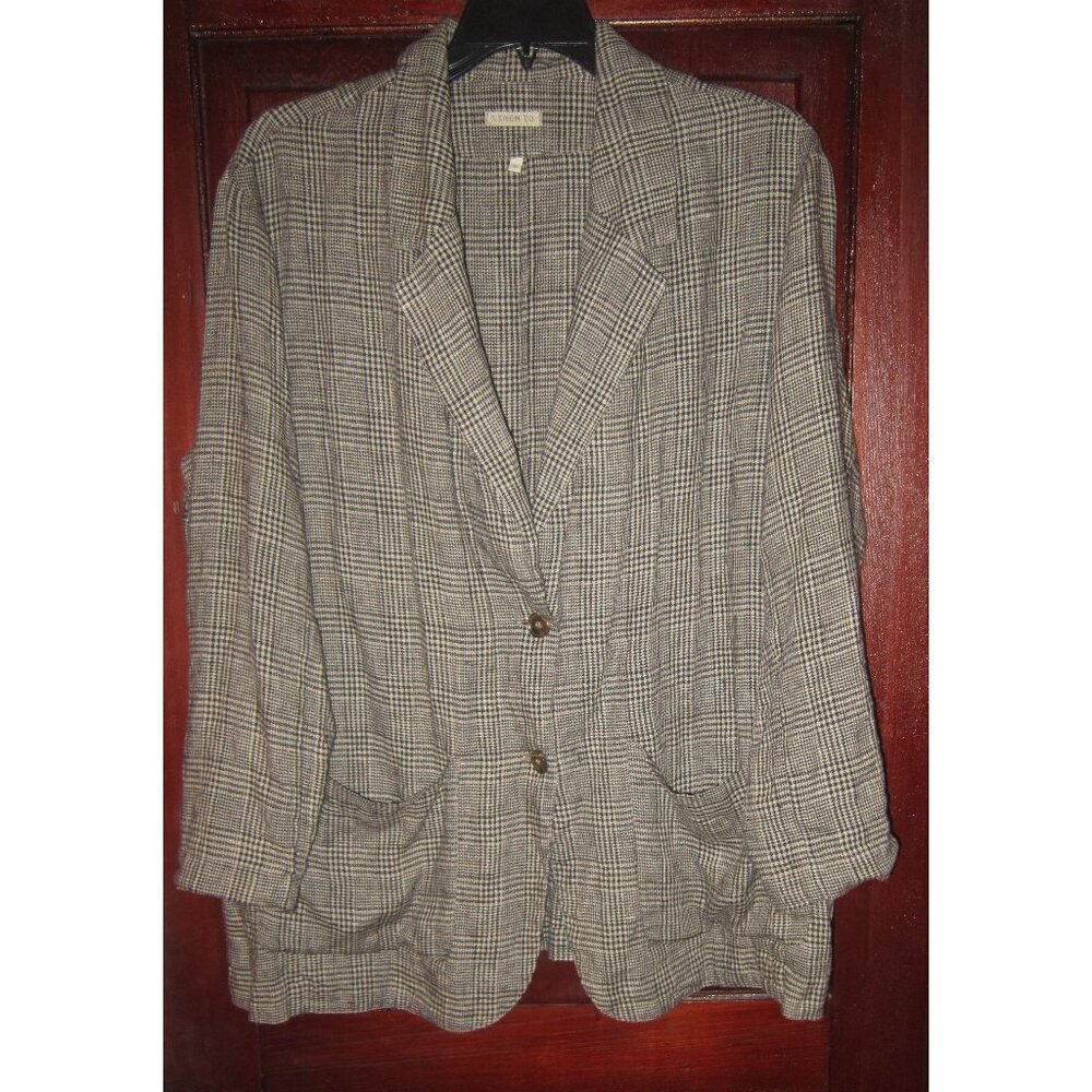 LINEN ID Sz XL Oversized Blazer Jacket 100% Linen Plaid Check Pockets Lagenlook